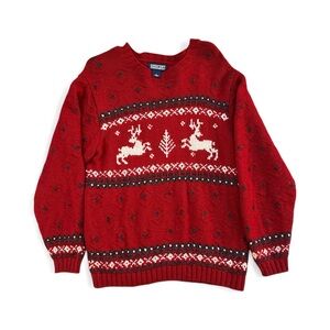 Vintage Lands’ End Christmas Red Reindeer Sweater – Fair Isle Knit